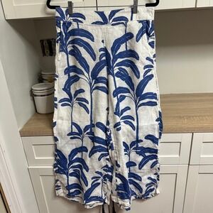 Tahari 100% Linen Wide Leg Crop Pants Sz L Blue White Palm Print Tropical Resort